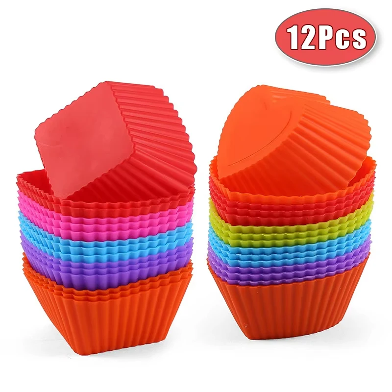 12Pcs/Lot Silicone Cake Mold Round/Square/Heart Shape Muffin Cupcake Baking Liners Bakeware BPA Free Lunch Box Dividers For Kids