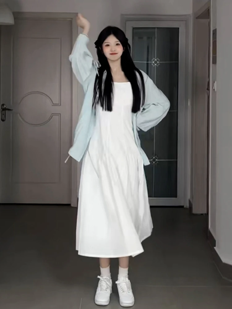 

White Strapl Dr Women's Spring 2025 New Milk Series Tea Break Childhood Long Dr Clete Set Sweet Sle Polyester F...