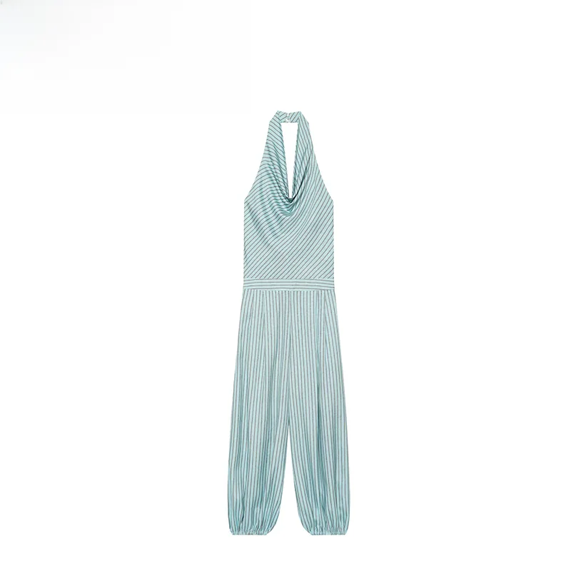 Fashionable Versatile Striped Lantern One-Piece Suit ZR Autumn New Arrival High Waist Straight Leg Long Pants Polyester Fiber