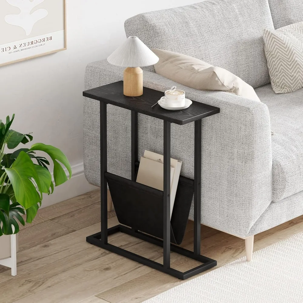 Yusong Small Narrow Side Table for Small Spaces,  with Storage Holder, Accent Skinny Snack Couch Bedside Table, Black Oak