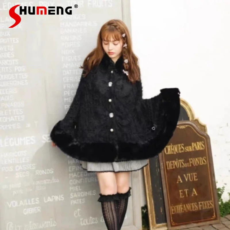 

Liz Black Hooded Cloak 2025 Winter Girl's Sweet Cute Bow Lolita Knitted Capes Women's Warm Thickened Y2K Ponchos Short Jacket