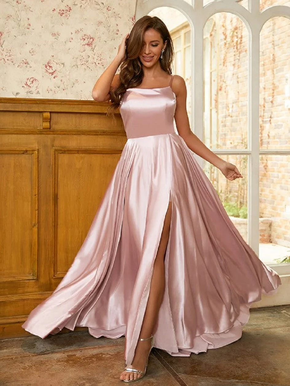 

A-Line Princess Silk like Satin Ruffles Prom Dresses Elegant Spaghetti Straps Sleeveless Formal Evening Dress with Hight Slit