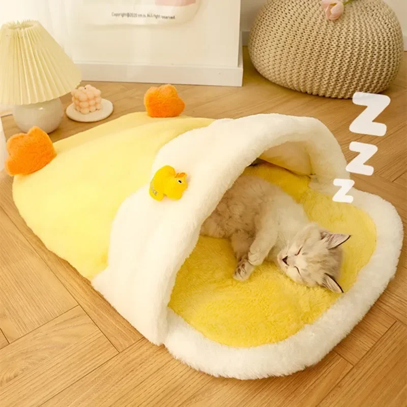 

Cute Duck Cat Bed Coral Fleece Yellow Duckling Pet Bed Soft Comfortable Kitten Bed In 2 Sizes