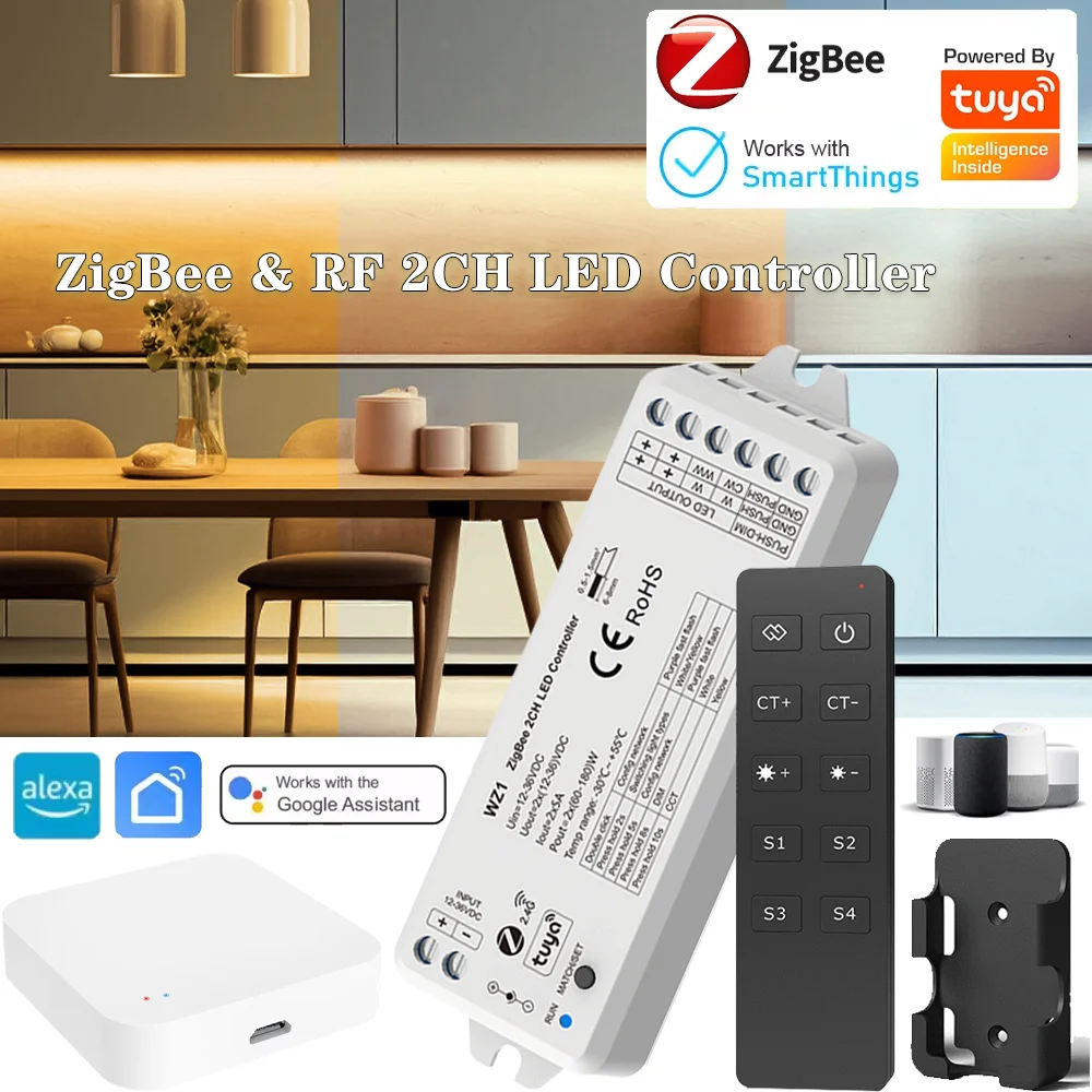 

Zigbee 2CH LED Controller DC 12V 24V Smart Dimmer Match with10-Key CCT Wireless Remote for CCT LED Strip Works with Alexa Google