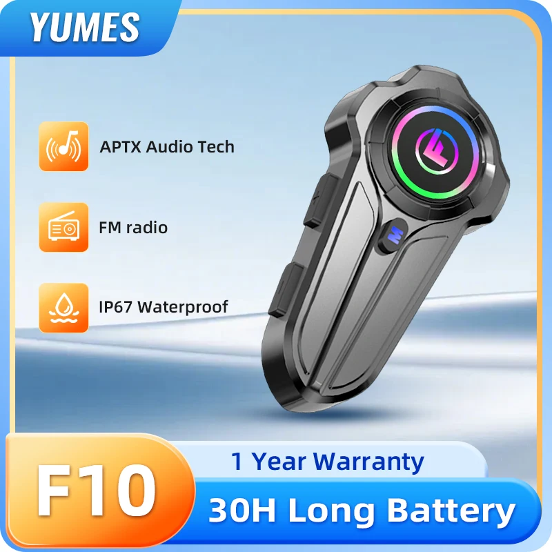 YUMES F10 Motorcycle Helmet Bluetooth Headset Bluetooth 5.3 IP67 Waterproof FM Radio Hands‑Free Call for Motorcycle Helmet