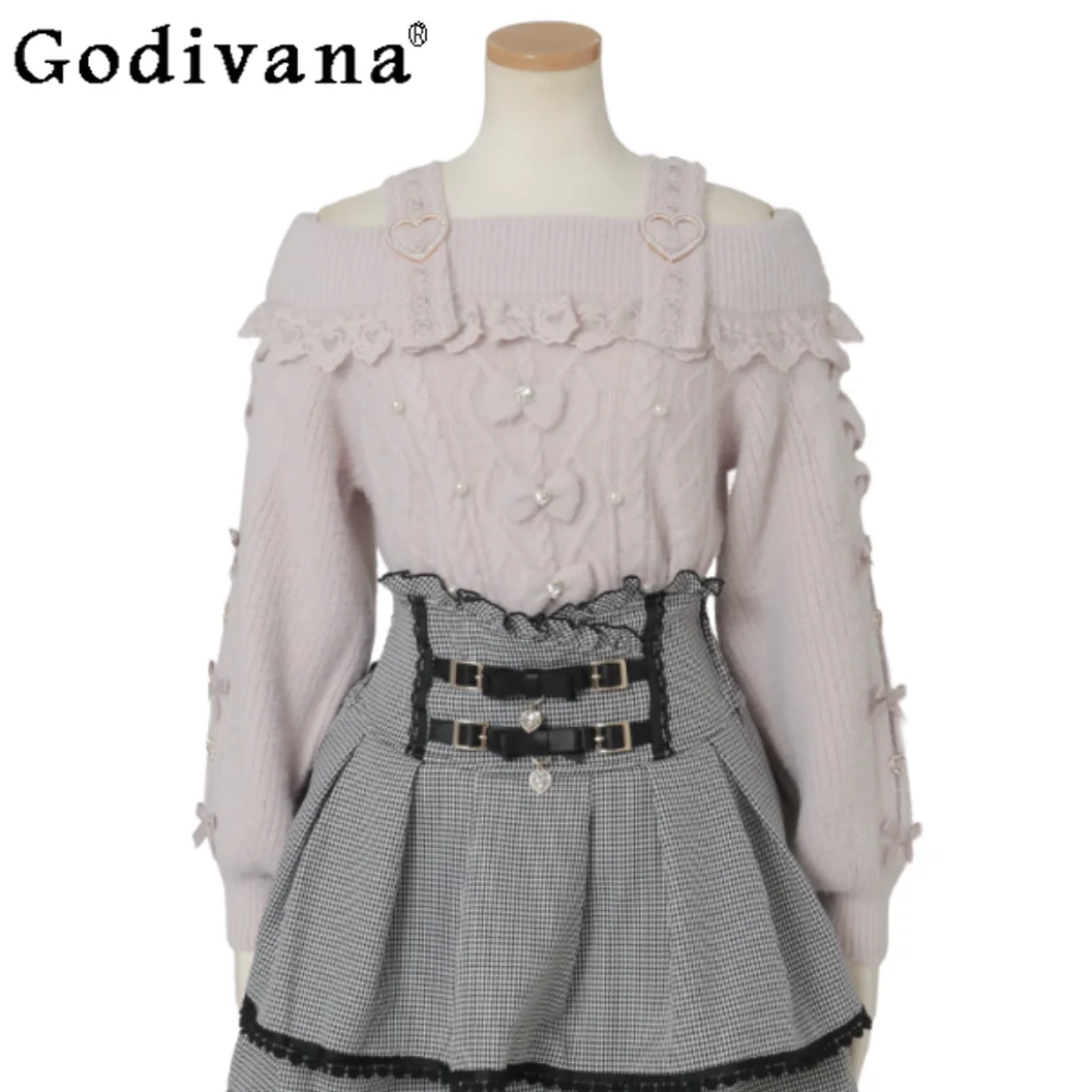 

2025 Spring and Autumn Lolita Sweet Sweater Japanese Liz mine Cute Bow Off-Shoulder Knitted Pullover Women's Exquisite Sweater
