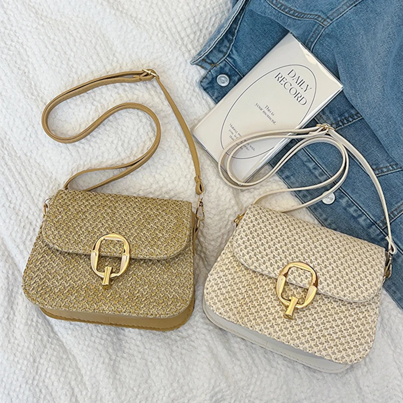 New Fashion Lock Buckle Bag Summer Beach Women's Straw Weaving Bag Street Casual Women One Shoulder Crossbody Handbag