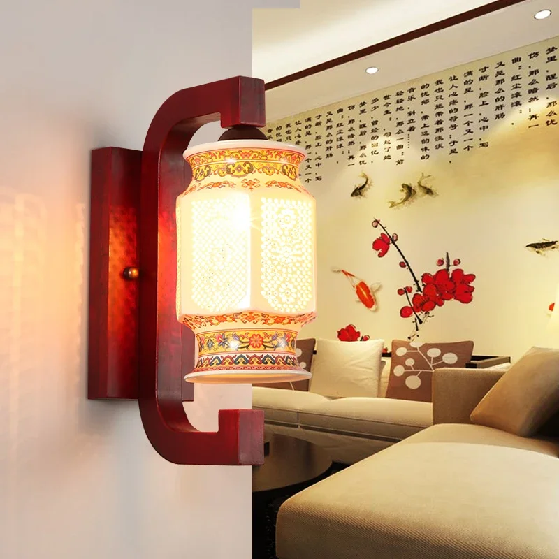 Chinese wall lamp living room TV wall lamp bedroom bedside lamp solid wood hotel project corridor antique