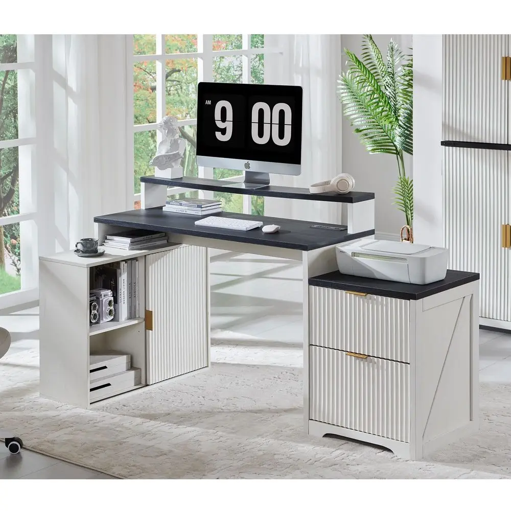 

67 Modern L Shaped Desk with Storage Cabinet amp Drawers, Wood Home Office Desk with Power Outlets, Fluted Computer Writing Des