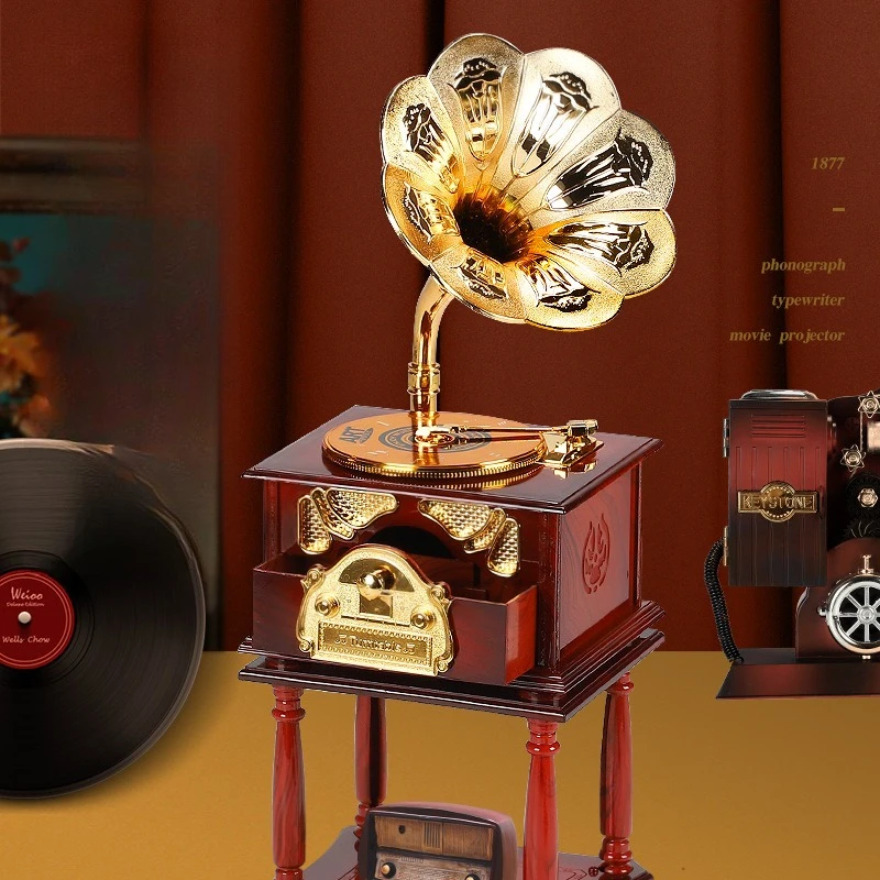 Vintage Gramophone Drawer Music Box for Home Decoration Wedding Birthday Gift Figurine Jewelry Box Hand Carousel Music Box