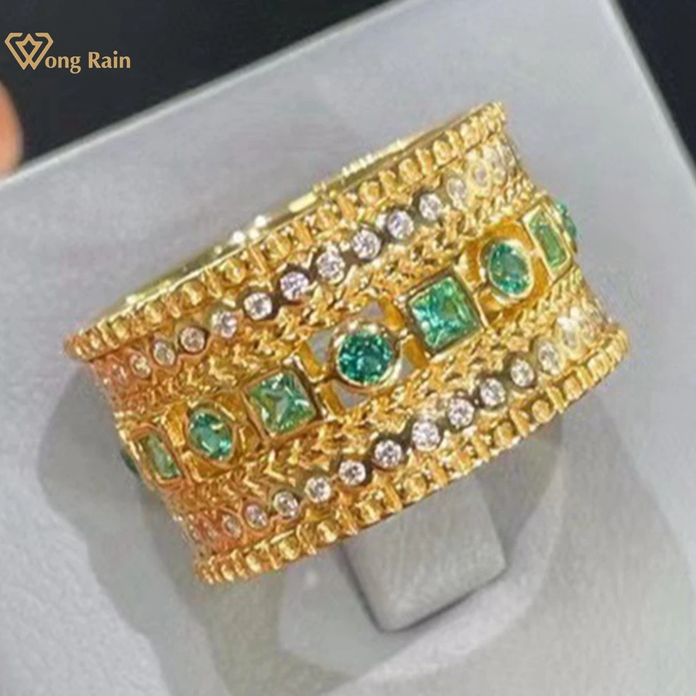 Wong Rain 18K Gold Plated 925 Sterling Silver Emerald High Carbon Diamond Gemstone Rings for Women Fine Jewelry Anniversary Gift