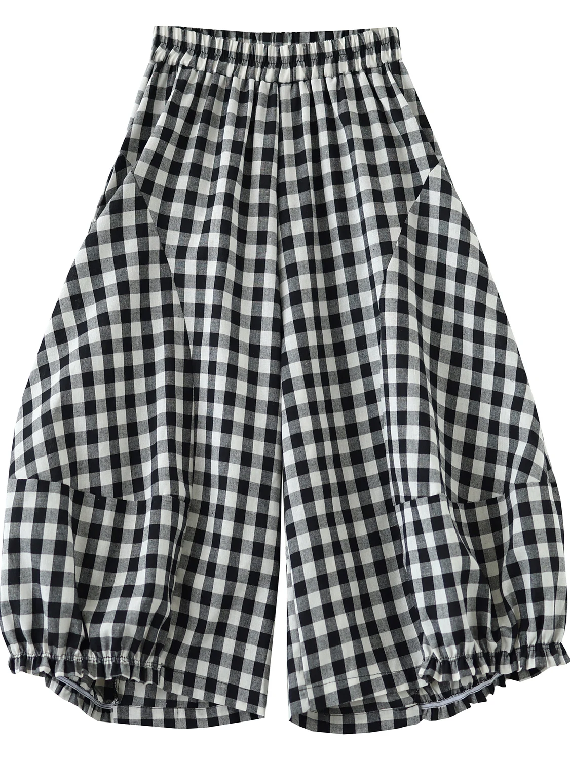 2025年夏 レディース チェック柄 カジュアルパンツ ハイウエスト 綿麻 ランタンパンツ スリム効果 花柄パンツ トレンド 美尻パンツ