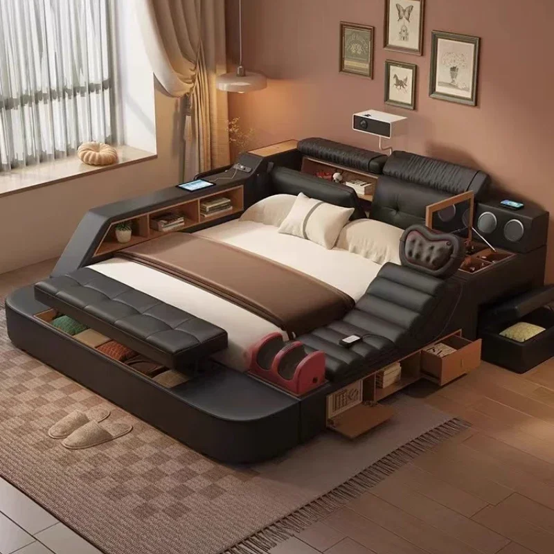

2 Drawers Storage Multifunctional Smart Bed Black King Massage Chair Projection Double Bed Headboard Furniture Bedroom