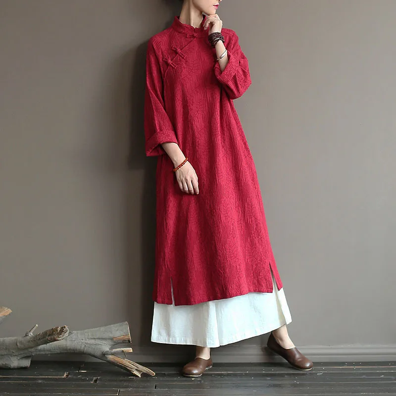 Original Retro Modified Version Of Cheongsam Dress Women's Long Sleeve Jacquard Cotton Hemp Temperament In The Long Skirt Autumn