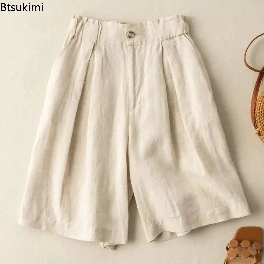 

2026 Summer Women's Wide Leg Cotton Linen Shorts Korean Style Loose A-Line Zipper Shorts Female Solid Classic Casual Short Pants
