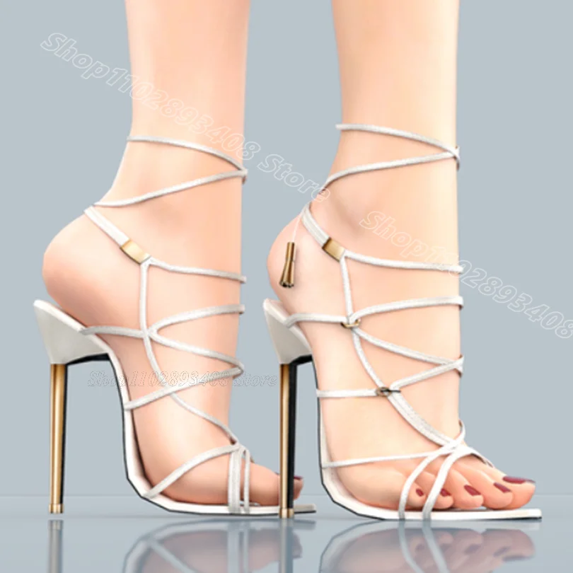 Black Metal Heels Ankle Strap Sandals Open Toe Simple Style Fashion Summer Party Casual Women Shoes 2024 Zapatos Para Mujere