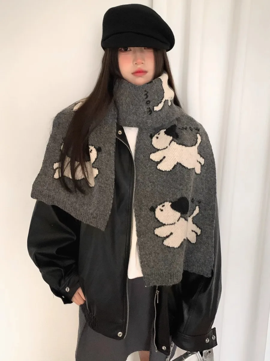 

Cute Cartoon Small Dog Wool Blend Knit Scarf For Women Autumn And Winter Korean version Warm Neck Scarf Anti-Cold Gray