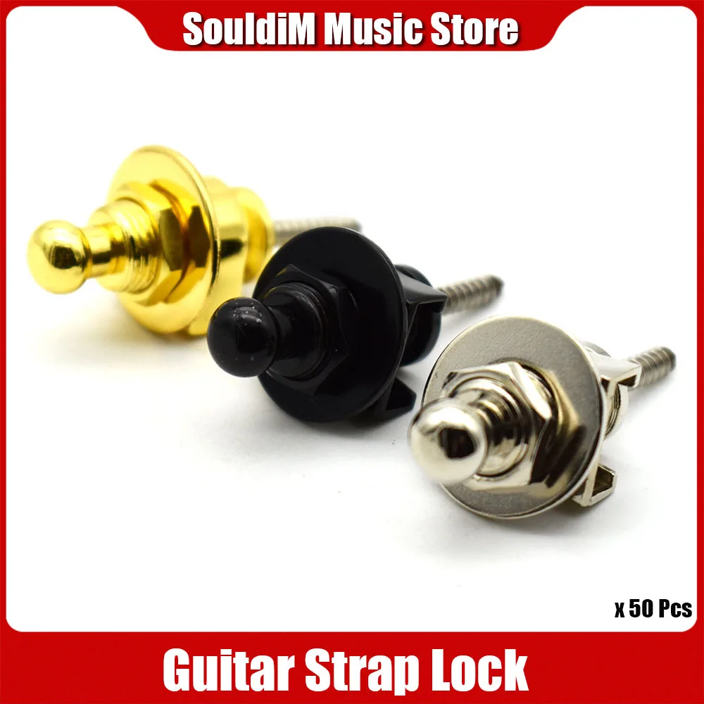 

50 шт., металлический гитарный ремешок, кнопка блокировки ремня для всех акустических электрических бас-гитар, железные аксессуары, черное золото, хром