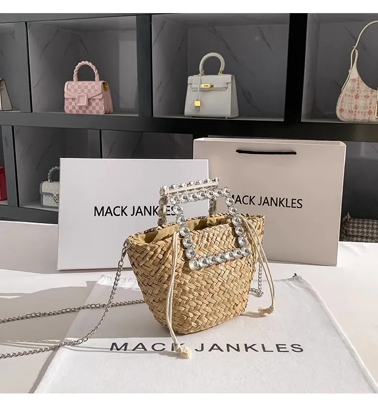 Straw Woven Handmade Bucket Bag Crystal Diamond Metal Handheld Women Handbag Lady Purse Shoulder Crossbody Bag Holiday Beach Bag
