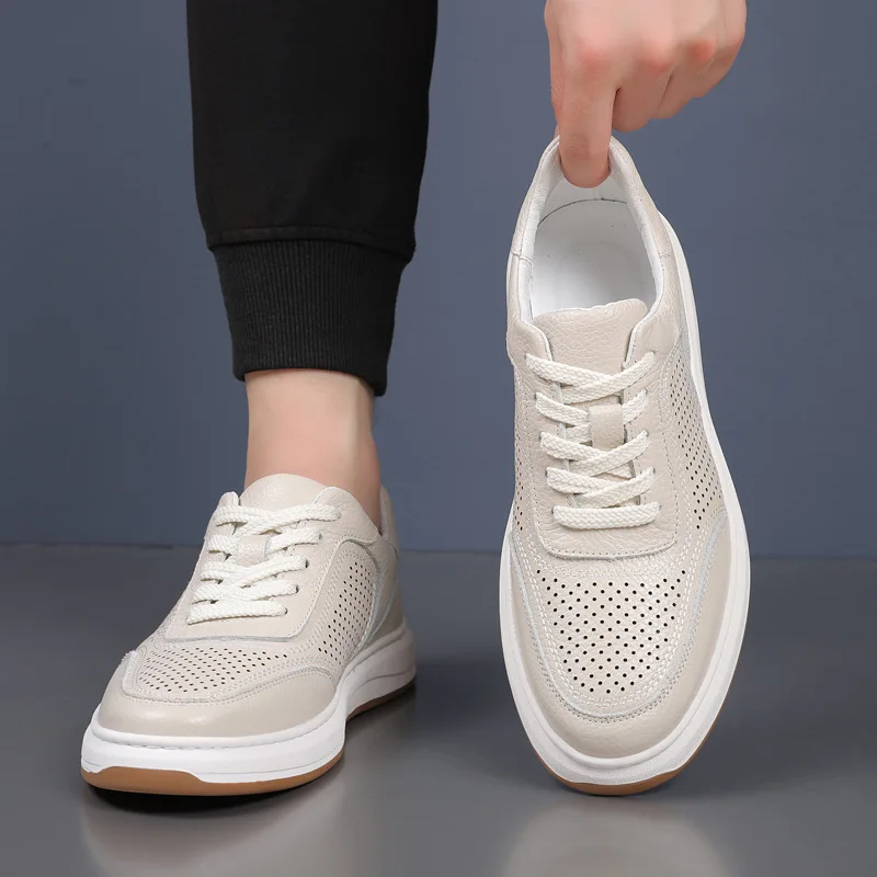 

Новые мужские повседневные туфли из натуральной кожи, белые микропористые плоские кеды, стильные лоферы на шнуровке