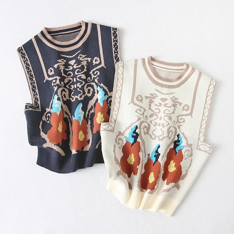 BANA Korean Style Simple Autumn Women's Loose round Neck Color Block National Flower Short Knitted Vest Sweater Warmth Emitting