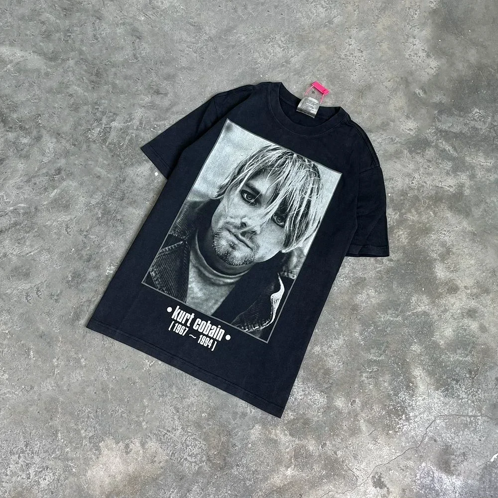 Yao888 KURT COBAIN Graphics Print Pure Cotton Washed Old Retro Streetwear Rock Band Oversize Tops Tee Vintage T Shirt For Men