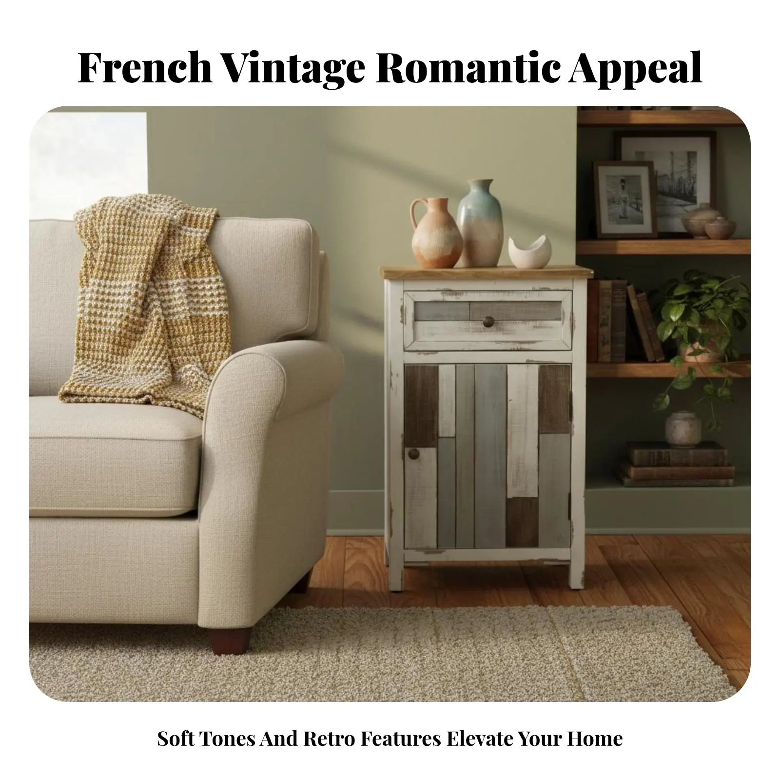Single-Door Nightstand French Provincial Design Patchwork Door Storage Unit Rustic Elegance Easy Assembly for Adults, Bedroom