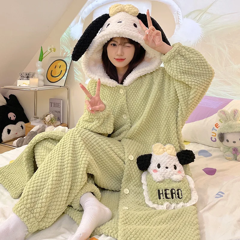 Kawaii Sanrio Hello Hot Kitty Hooded Pajamas Suit Cute Cinnamoroll Cartoon Coral Fleece Nightgown Pants Two Piece Sets Women