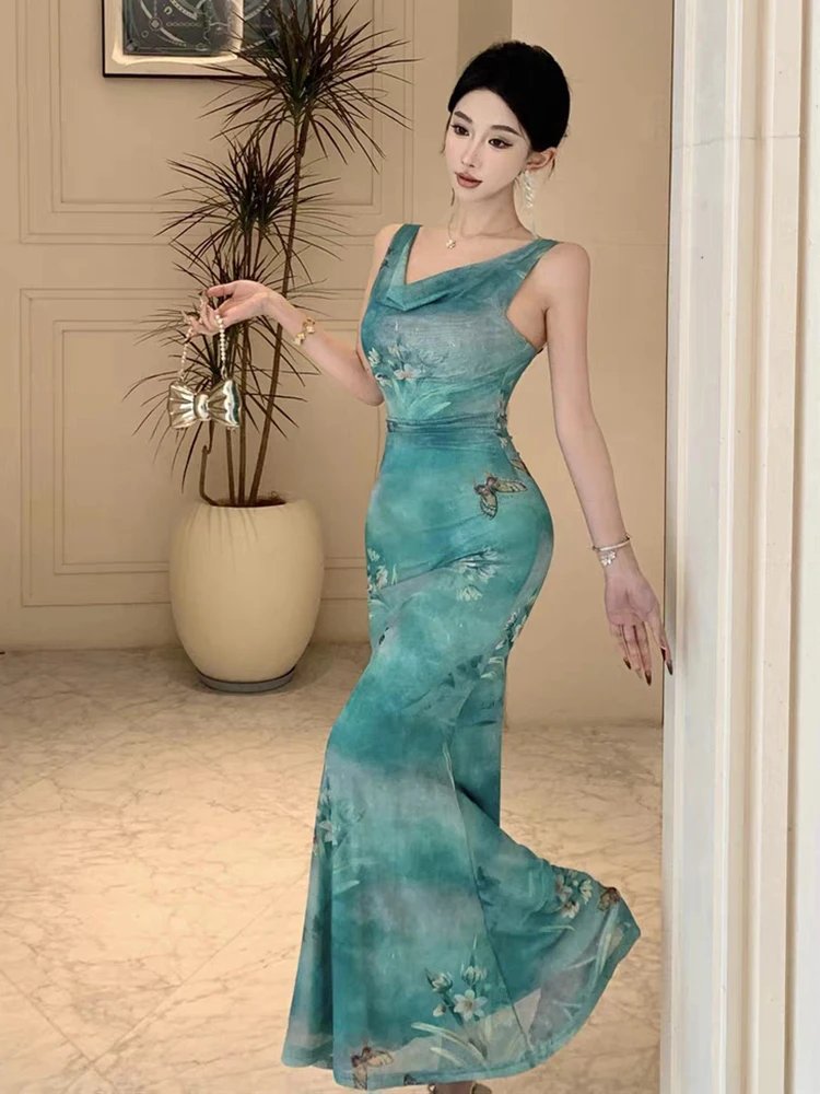 RORORIRI Y2k vestido sin mangas con estampado de mariposa y cuello vuelto para mujer, vestido largo plisado ajustado con espalda descubierta, vestido largo de sirena, ropa Retro elegante