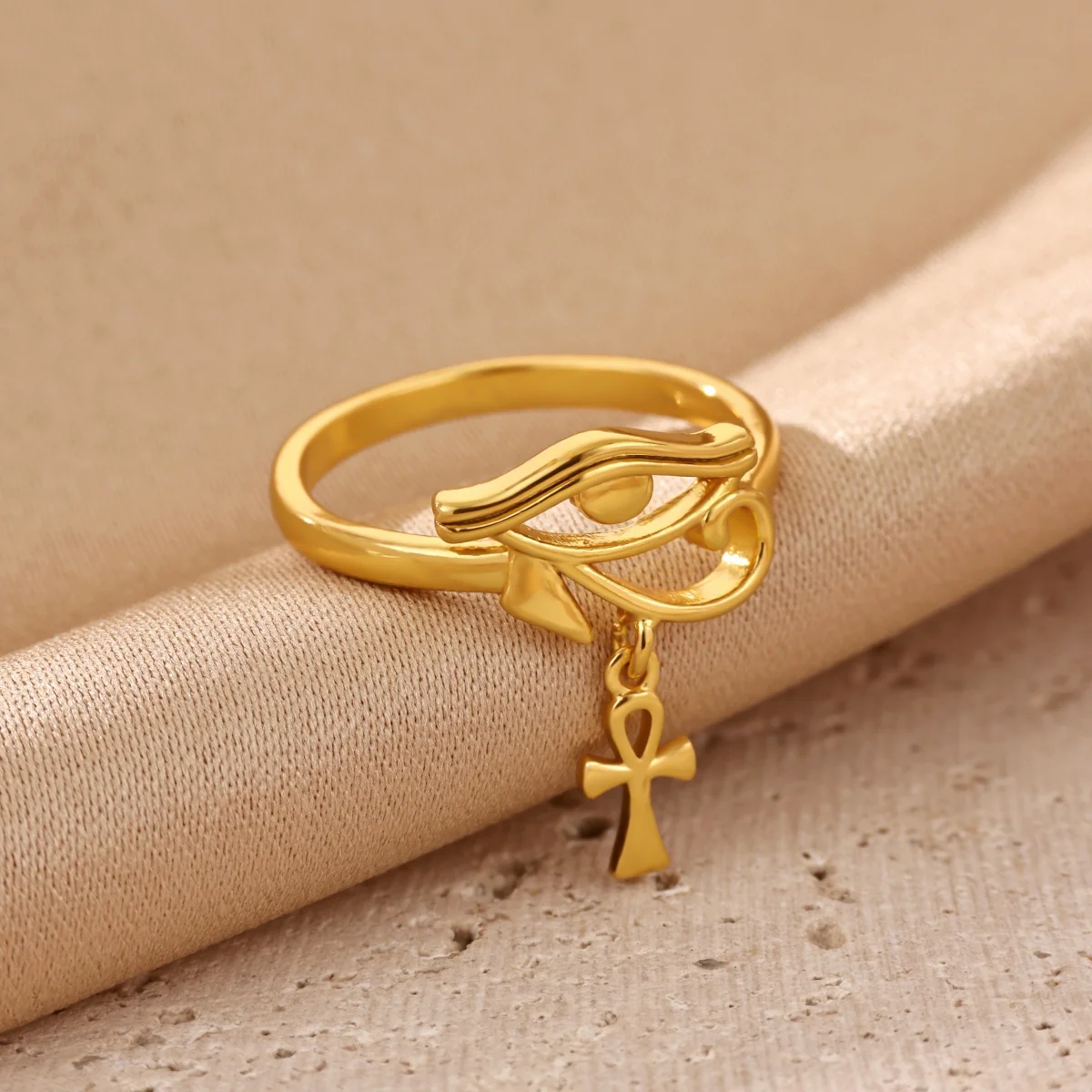 Vintage Tassel Ankh Cross Pendant Eye of Horus Rings For Women Men 18k Gold Plated Ring Ancient Egyptian Ring Jewelry