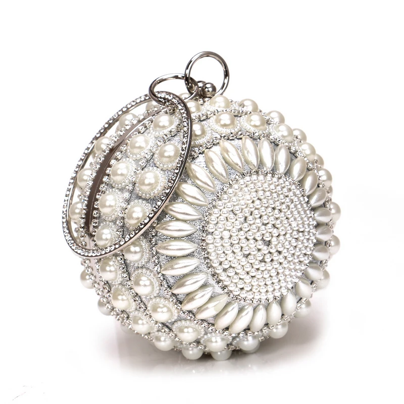 Beaded Diamonds Women Day Clutches Rhnestones Pearl Evening Bag Circular Shaped Chain Shoulder Handbags For Party Purse