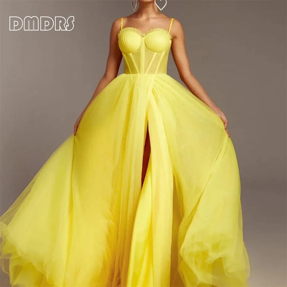 Robe de Soirée Longue en Tulle Jaune pour Femme, Corset, Fente Latérale, Formelle, Ligne A, Sur Mesure