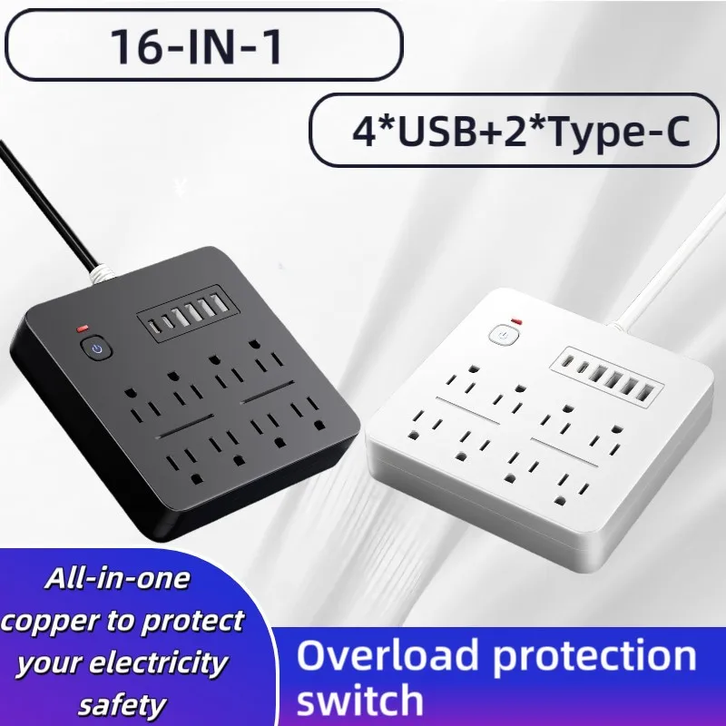 16-in-1 Power Strip Surge Protector with USB Ports 2500W 10A, Multi Plug Outlet Extender with 1.8M Extension Cord for Home Offic