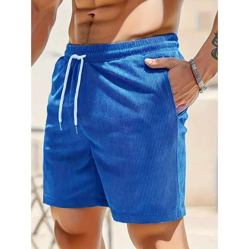 Premium casual men's solid color quick-dry breathable drawstring American retro shorts for summer fitness and sports