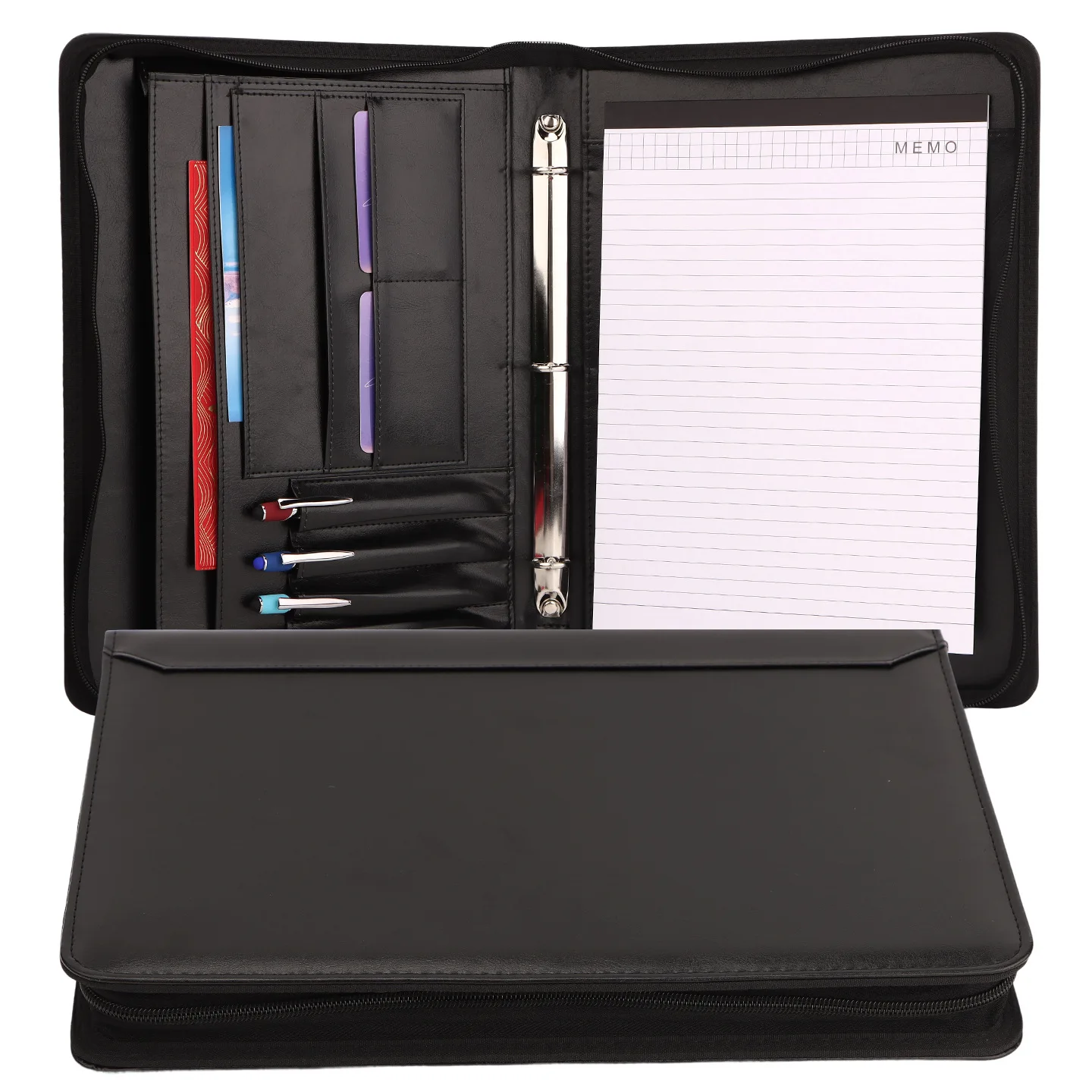 PU Leather A4 Zipper Binder Portfolio with Ring Binder, Multi Functional Business Briefcase Folder, Phone Pocket, Tablet