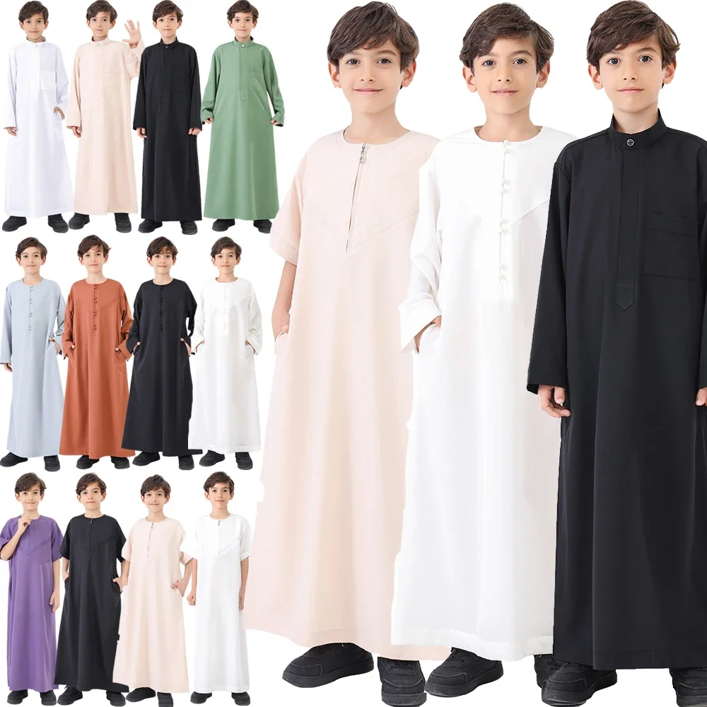 2025 Muslim Boys Kids Saudi Robe Thoub Jubba Thobe Daffah Arab Dress Islamic Clothing Maxi Gown Abaya Ramadan Thawb Middle East