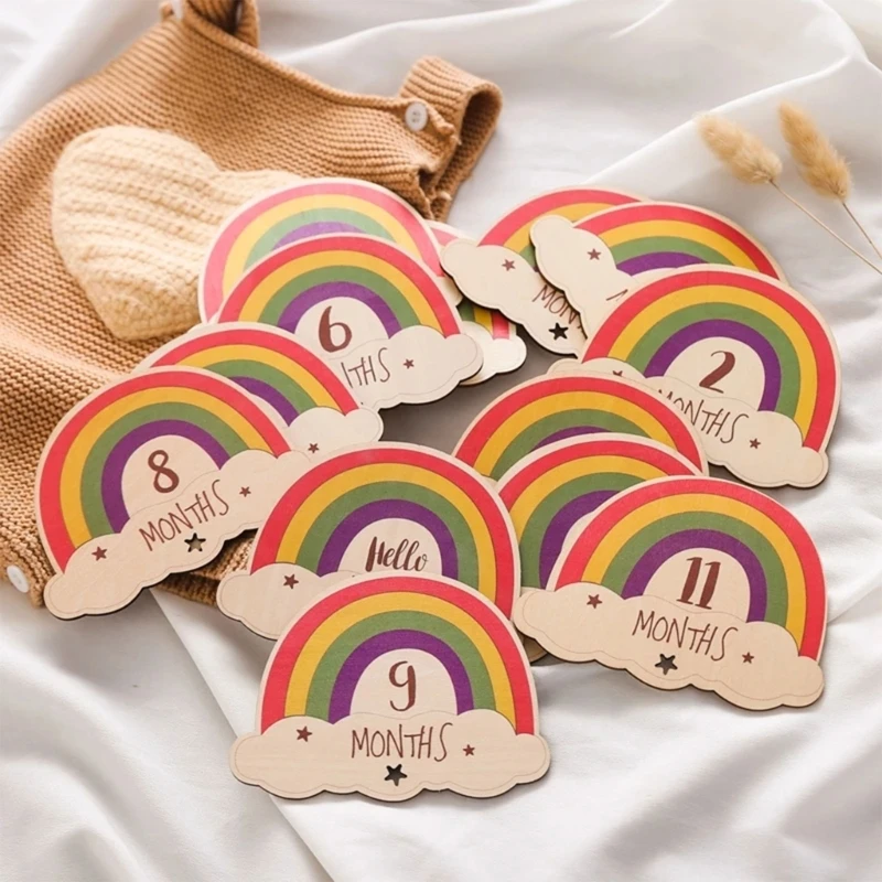 New Rainbow Theme Wooden Baby Milestone Card Newborn Birth Growth Recording Monthly Cards Newborn Photography Props Souvenir