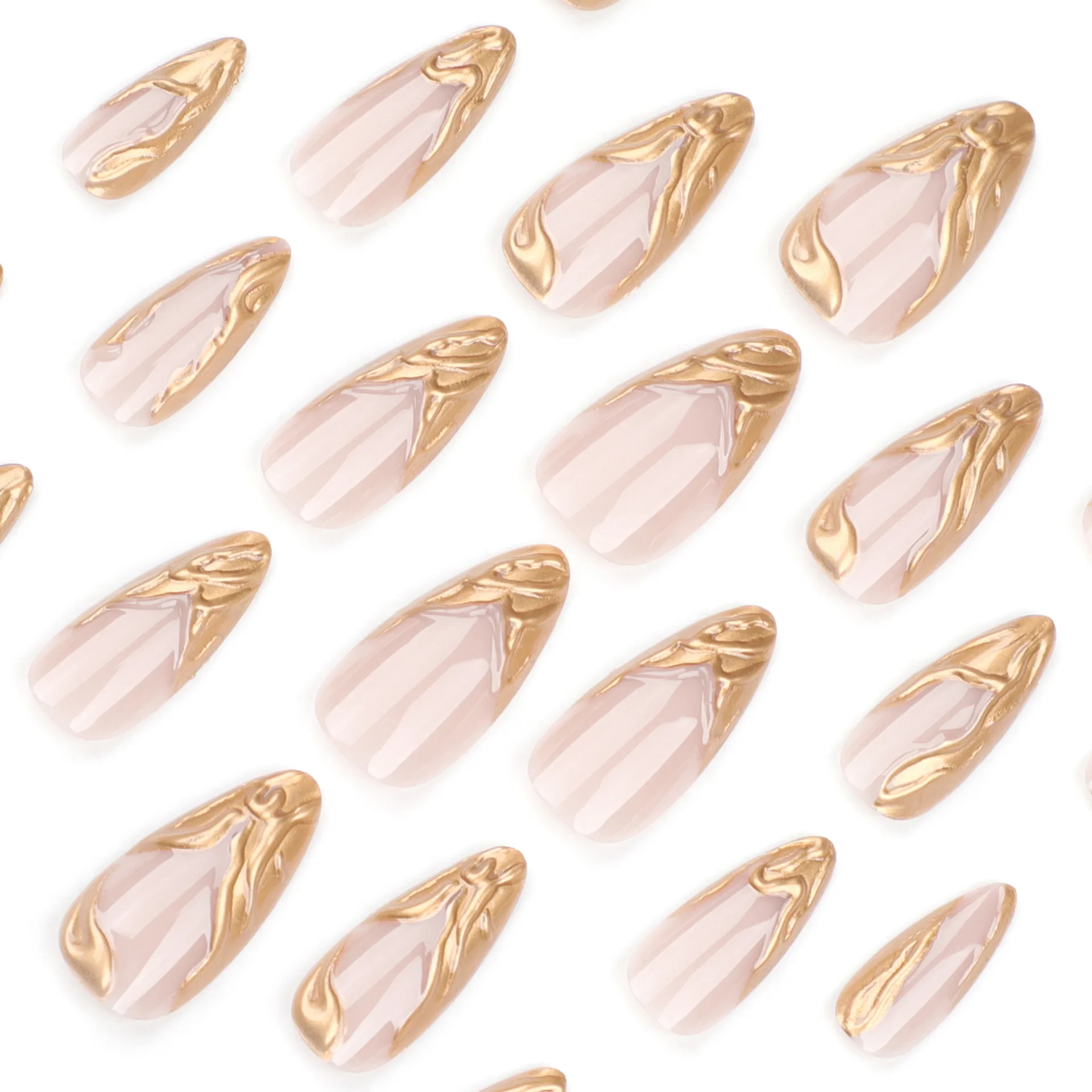 Gold 3D Water Ripple French Fashion Nail Art Almond Shape False Nails Detachable Finished Fake Nails Press on Nails with Glue