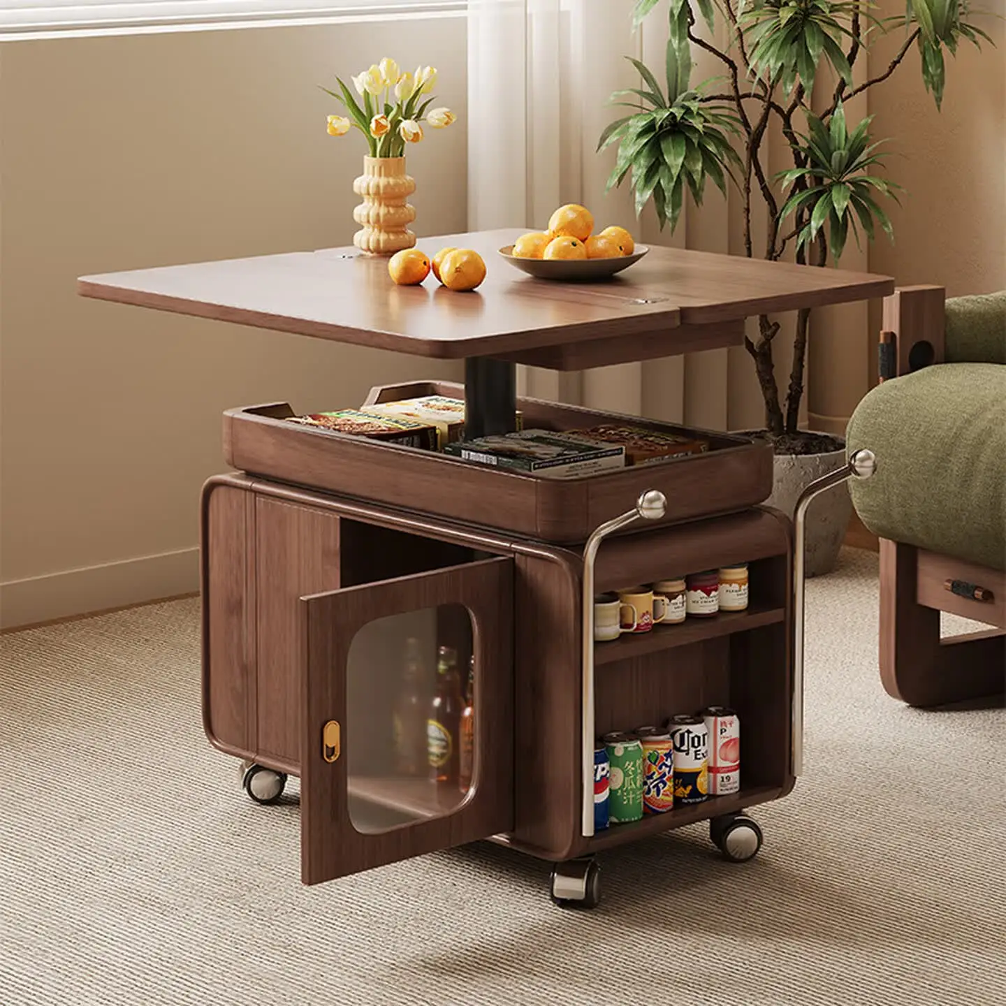 Solid wood coffee table, movable lifting and folding, living room for home use, simple trolley