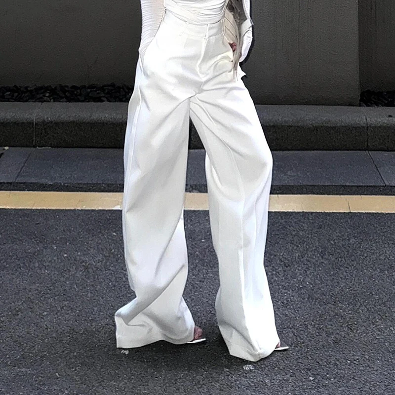 

PBAP Women's White Dress Pants with Pockets High Waist Loose Cleanfit Wide Leg Suit Trousers Office Work Casual Formal Clothing