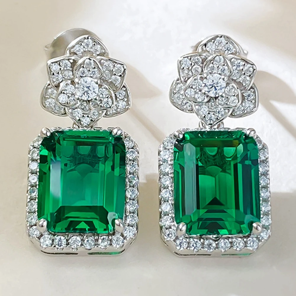 Vinregem 8*10 MM Emerald High Carbon Diamond Gemstone Vintage Flower Drop Earrings 100% 925 Sterling Silver Jewelry Wholesale