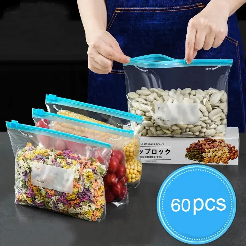 60pcs PVC Fresh Keeping Bag Reusable Food Bag Stand Up Storage Fruit Vegetable Bags  Freezing Preservation Ziplock Food Bag