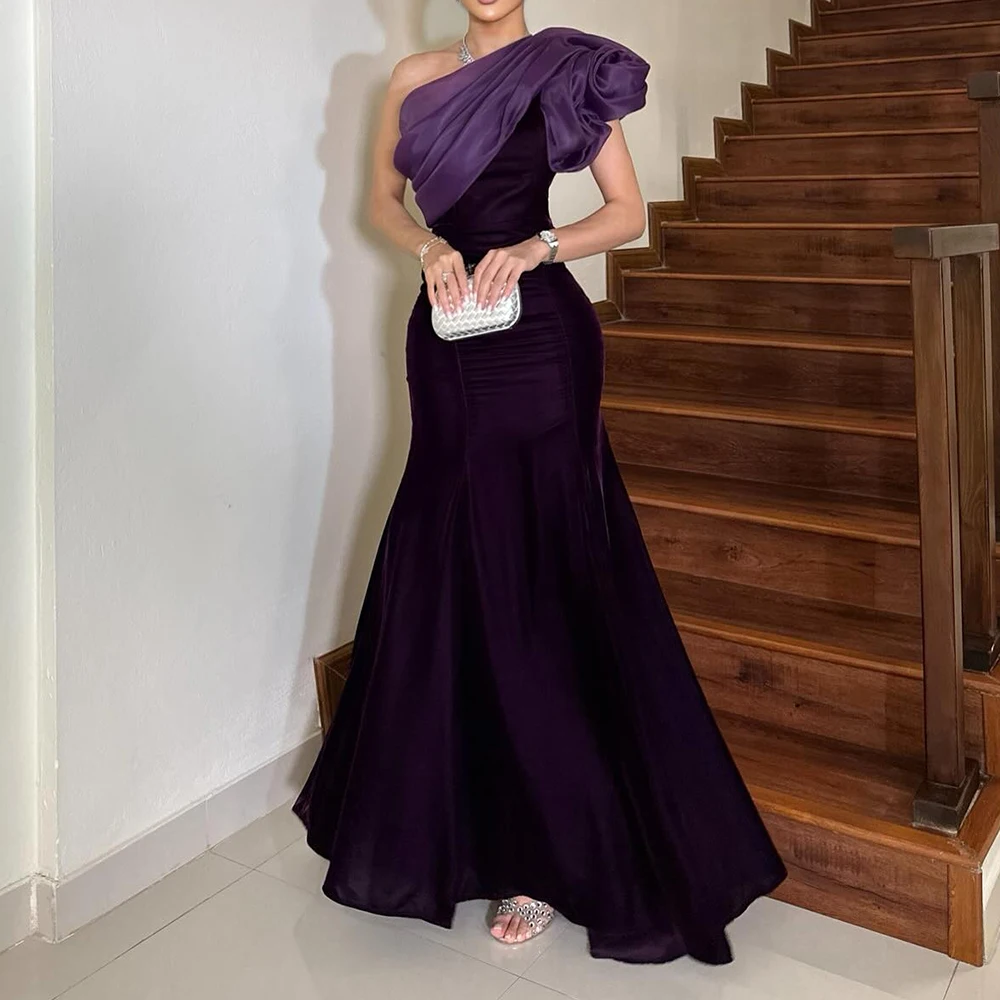 Customized Temperament Mermaid One Shoulder Chiffon Evening Dress Fashion Floor Length Short Sleeves Special Occasion Gowns