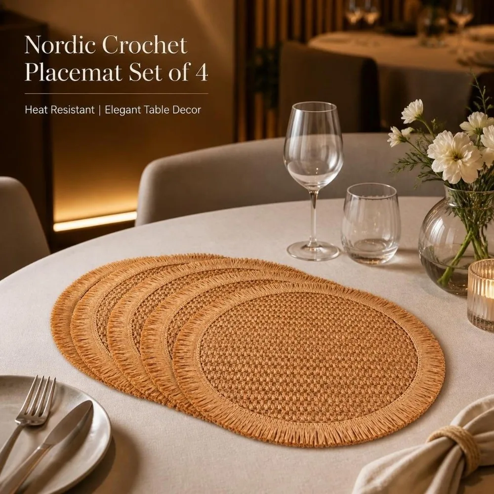 4pcs Bohemian Round Table Mats with Tassels Non Slip Boho Woven Placemats 38cm Heat Resistant Tassel Woven Place Mats