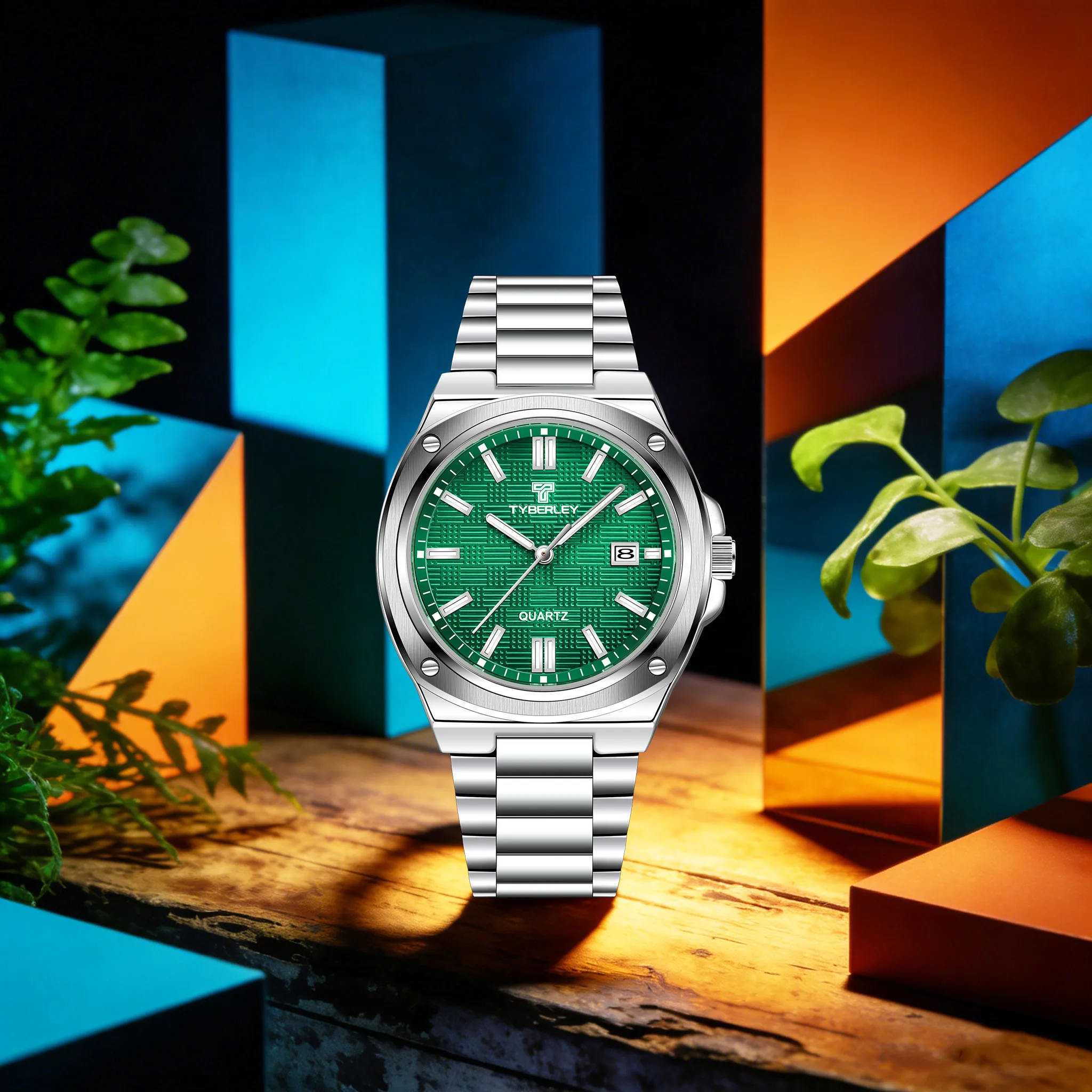 TYBERLEY Sporty Trendy Match Men Quartz Watch Energetic Dynamic Stainless Steel Calendar 3Bar Waterproof Luminous Watch+Gift Box