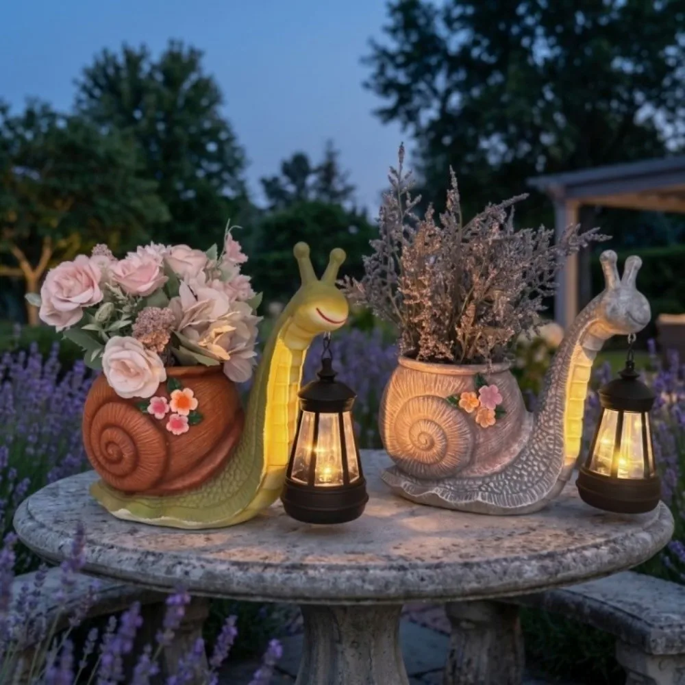 Resin Snail Statue Planter Decorative Eco Plant Pot Snail Holding Solar Lantern Sun Proof with Warm LED Light