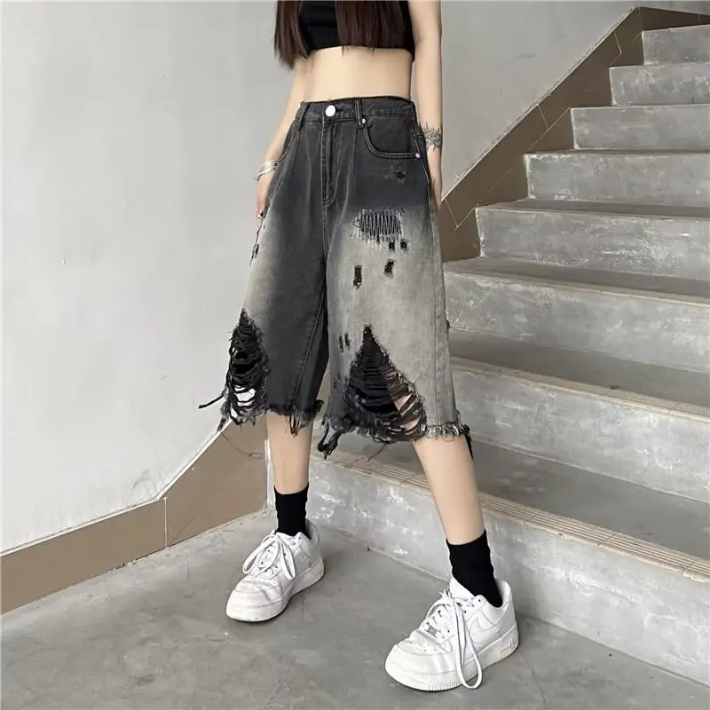 Pantaloncini di jeans strappati da donna estivi Pantaloni corti da donna larghi dritti casual streetwear Y2K