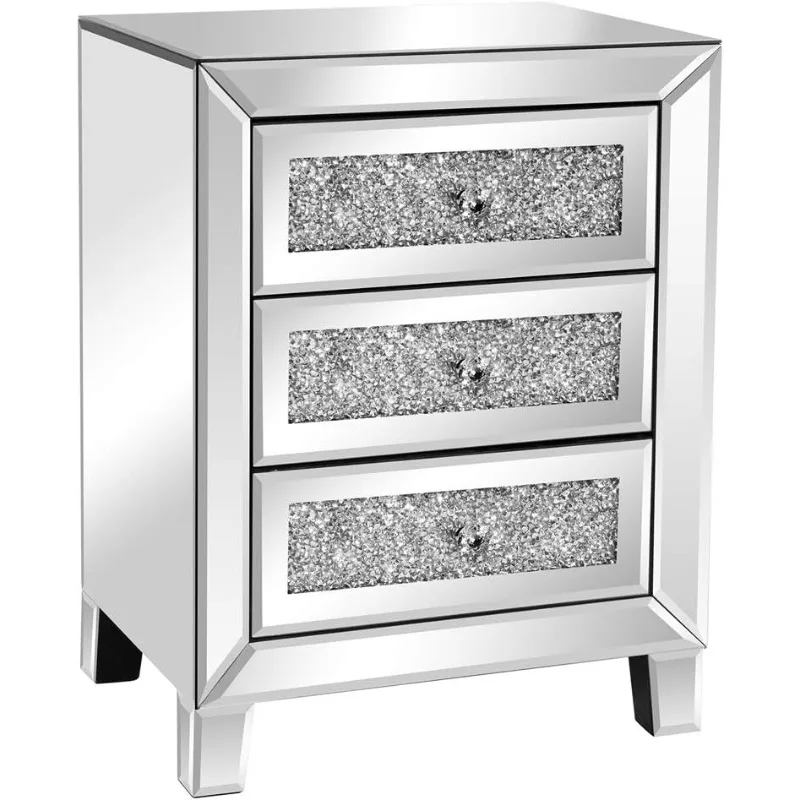 Mirrored nightstand with 3 drawers Modern end table Bedside table with mirror finish