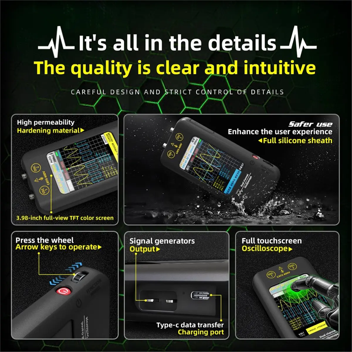Dual Channel Digital Oscilloscope 50Mhz with Touch Screen & Signal Generator - 250MSa/S Sampling, 3.98Inch TFT Display