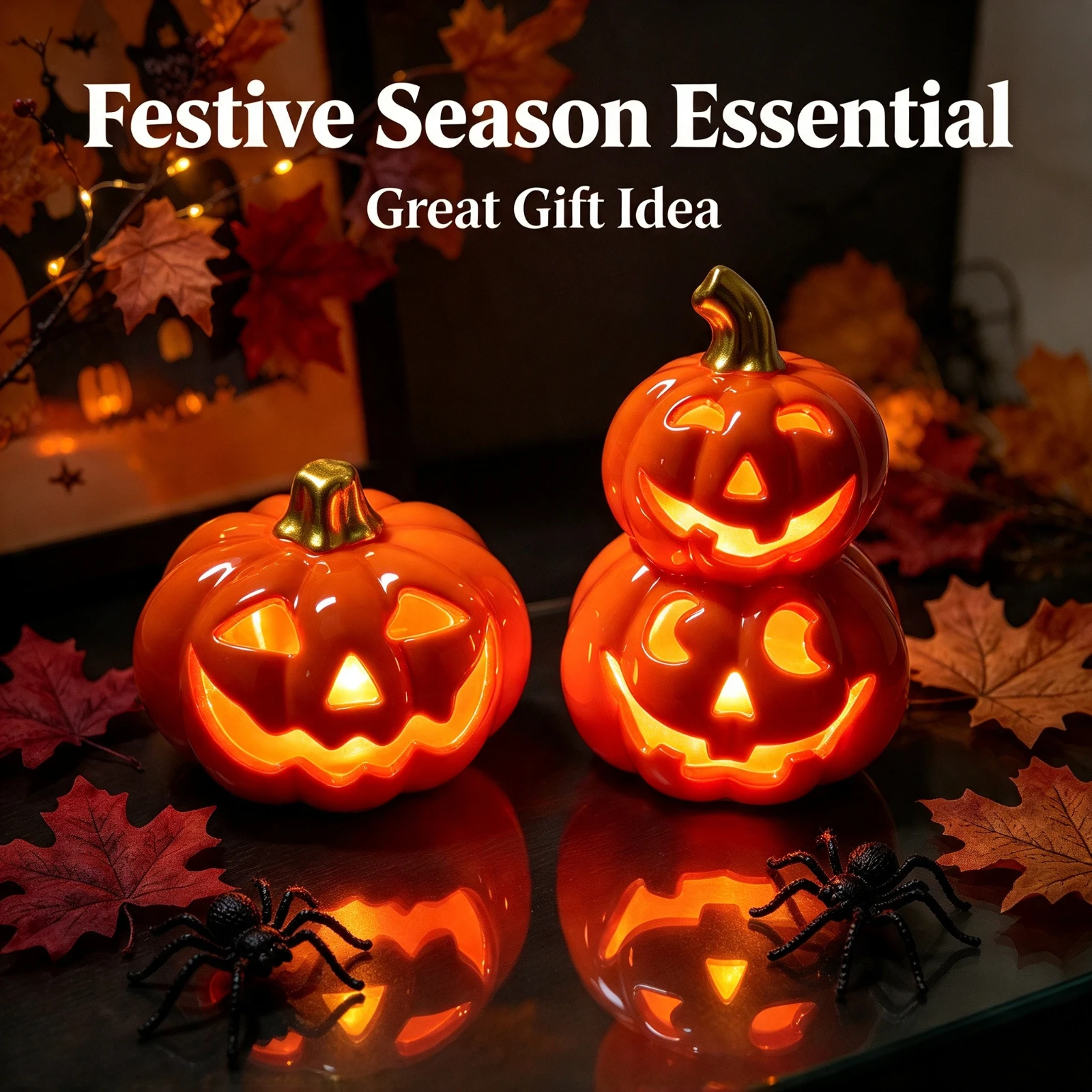 Ceramic Halloween Pumpkin LED Night, Light Illuminated Jack O Lantern, Glow In The Dark Home, Party Decoration Prop Ornament Gif